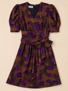 Vintage 80s Nu-Mode Puff Sleeve Dress Large  Purple Paisley Leopard Print Prom